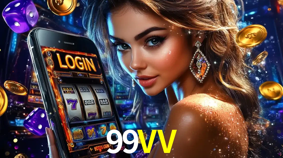 Mulher glamorosa segurando um smartphone com a tela de login para os jogos de caça-níqueis do cassino online 99VV, com moedas de ouro e dados ao redor.