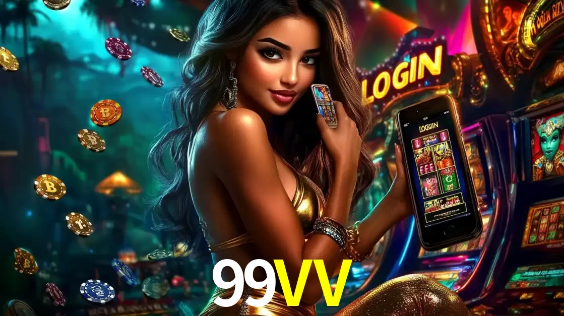Mulher em um cenário de cassino temático de aventura, mostrando o app de caça-níqueis da 99VV no celular. Fichas de apostas flutuam ao redor.
